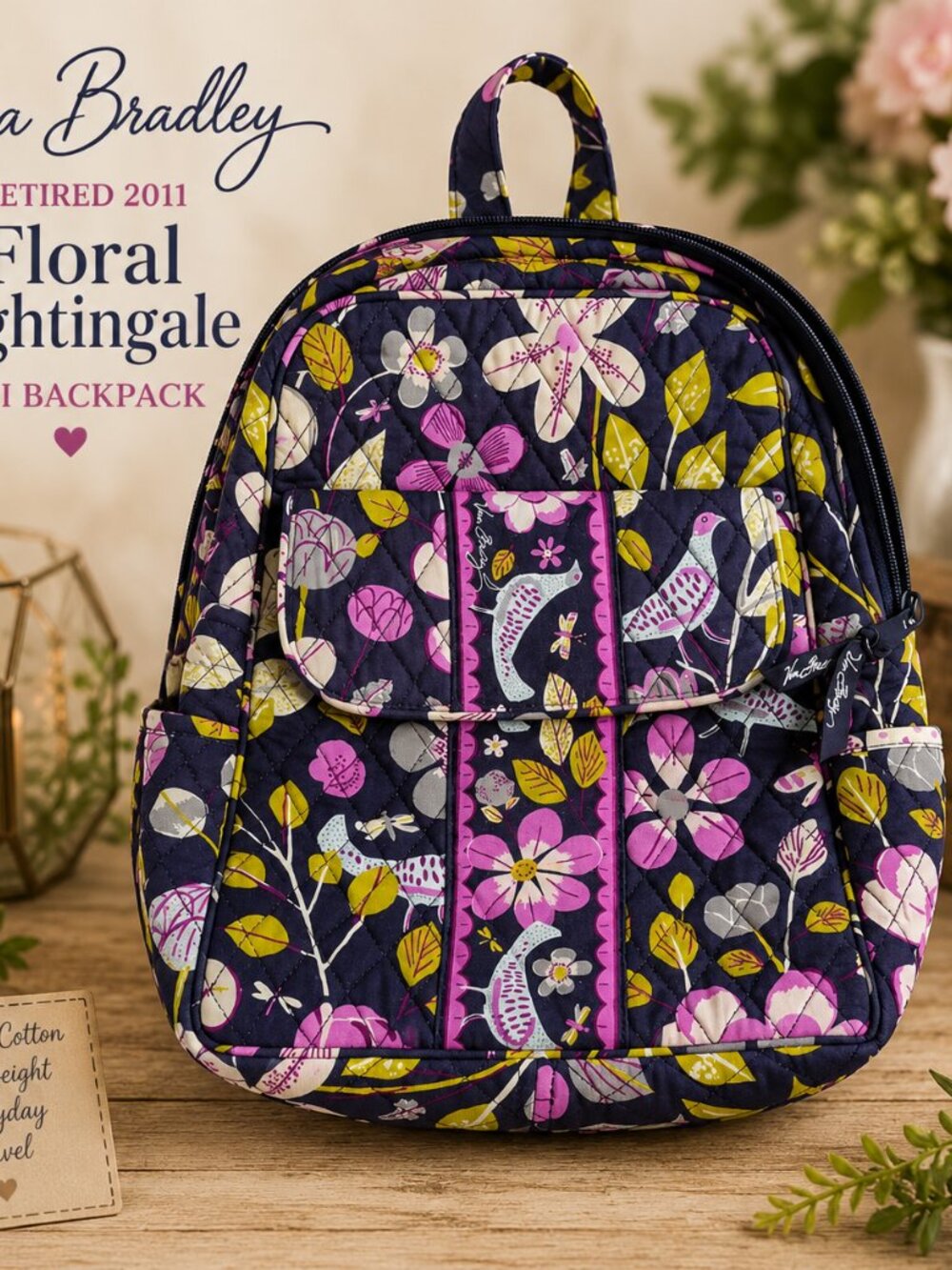 Vera Bradley Retired Navy  Floral Nightingale Mini Backpack 2011 Quilted Cotton